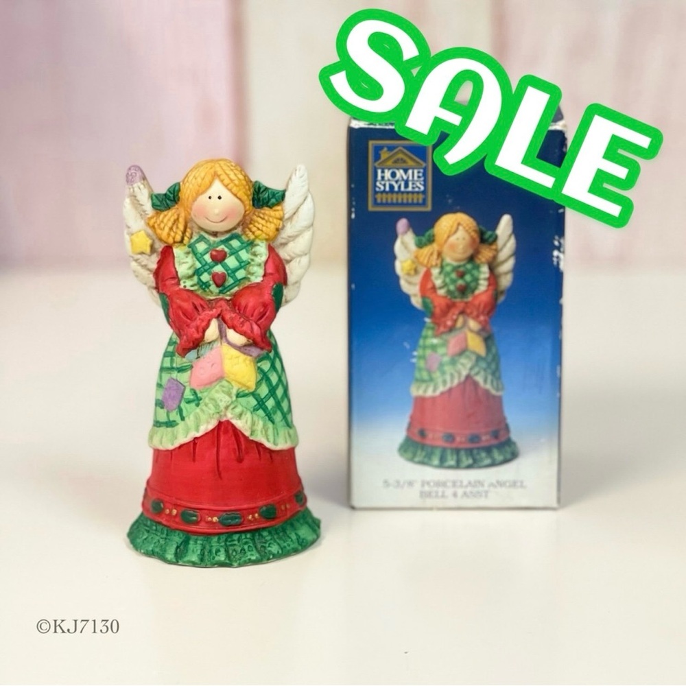 Vintage Bisque Country Patchwork Porcelain Angel Bell Figurine Christmas Decor